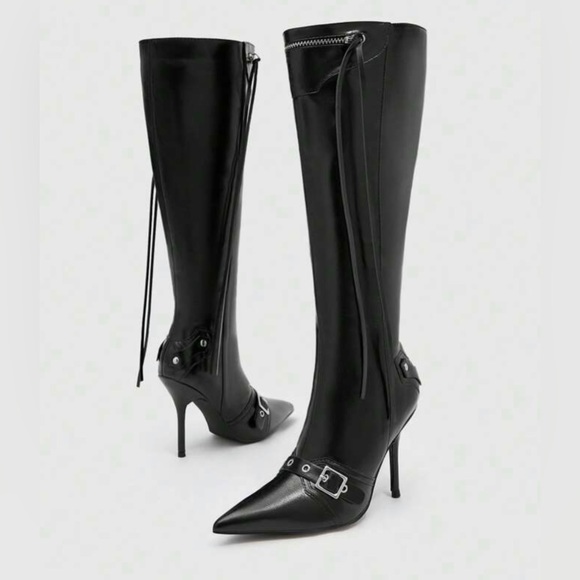 Shoes - Trending Buckle Stiletto Heeled Classic Black Fall Boots, size 8